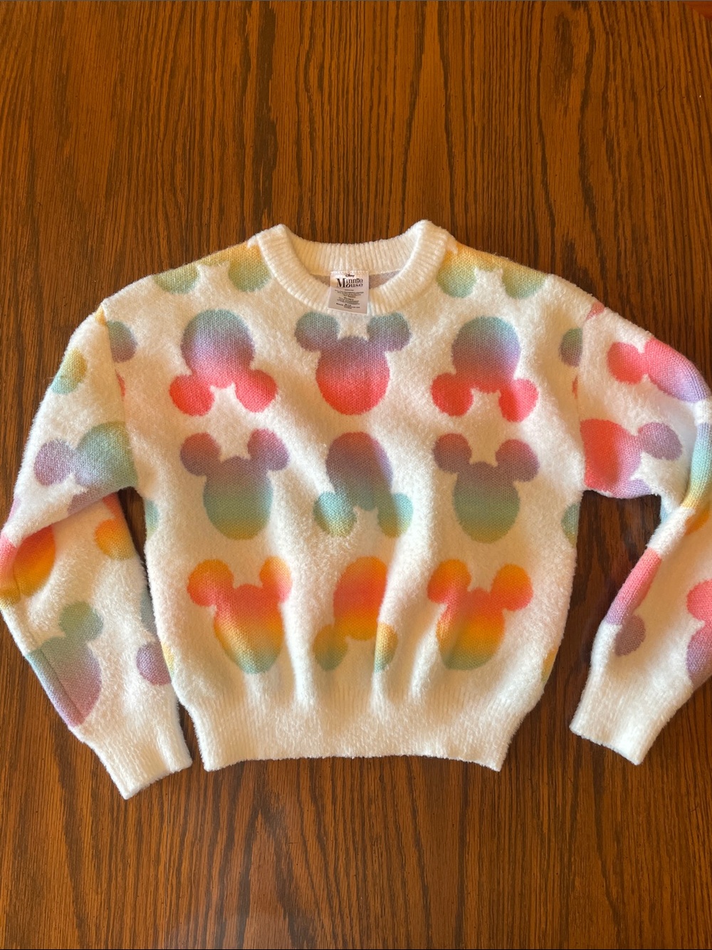 Disney White Crewneck Sweater with Multicolor Pastel Mickey Heads